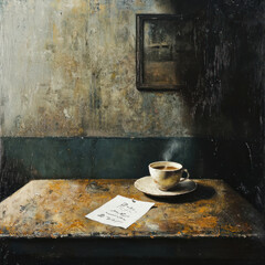 a dark, atmospheric still life in the style of noir or post-apocalyptic realism.  