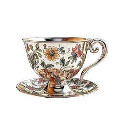 Elegant Silver Teacup and Saucer with Floral Design Ornate Handle Vintage Style