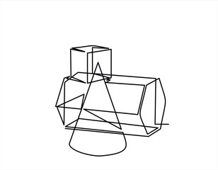 Continuous one line drawing of 3d geometric shapes