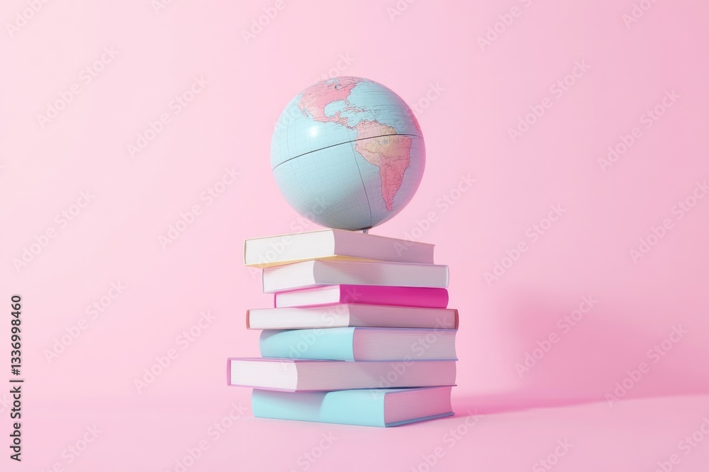 Poster a globe sits atop a stack of books, symbolizing knowledge and exploration