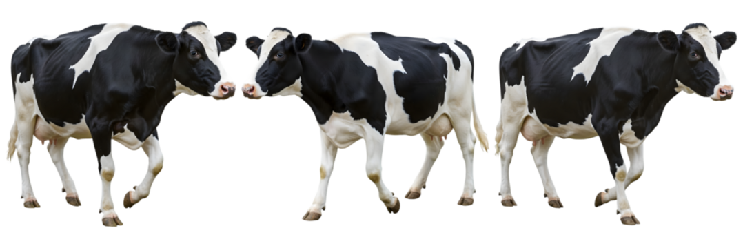 Holstein cow walking with black and white fur patterns isolated on a transparent background