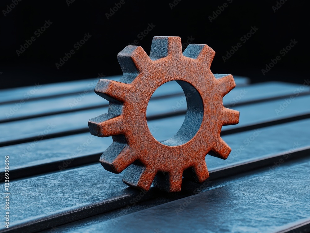 Poster close-up of a rusty gear on a metallic surface with a dark background