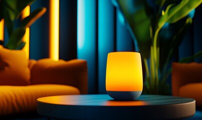 Warm-toned ambient lamp on a side table, glowing softly in a dimly lit room with vibrant accents