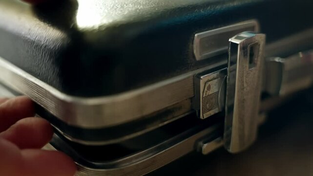 Close up on briefcase lock being opened to reveal top secret folders inside. Sensitive material inside envelopes. Hand unlocks lever and opens suitcase. Leaked secret government documents and files