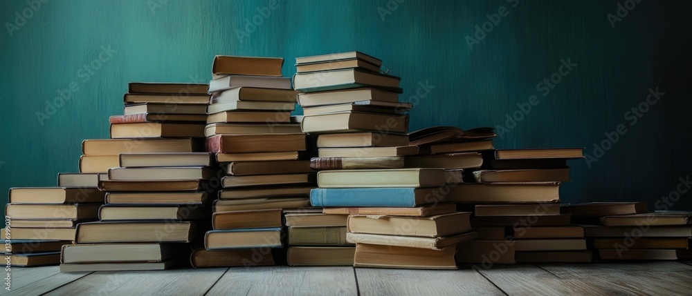 Aufkleber stack of books resting on wooden surface