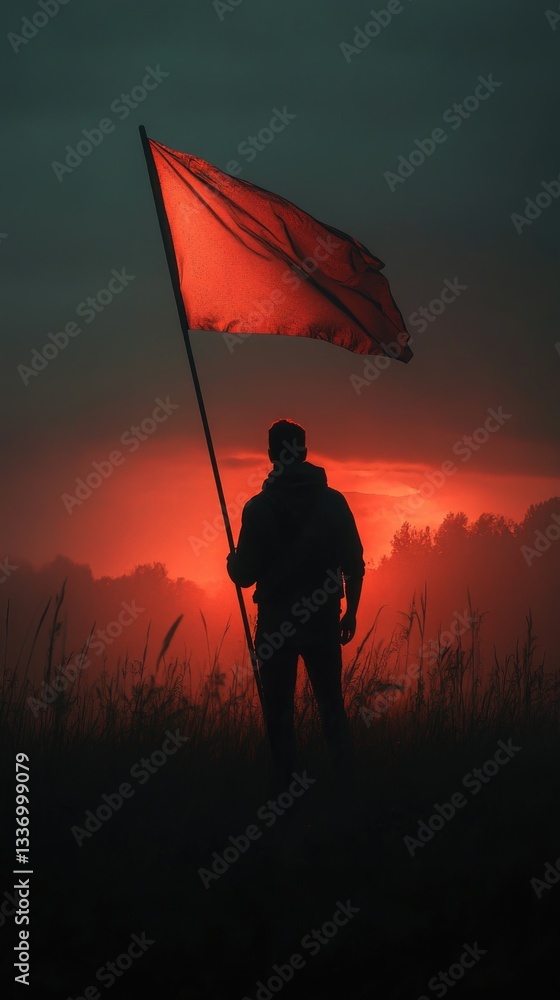 Leinwandbilder a person holding a red flag in an open field, possibly for attention or warning