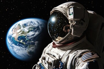 Obraz premium Space traveler in suit overlooking blue planet from space