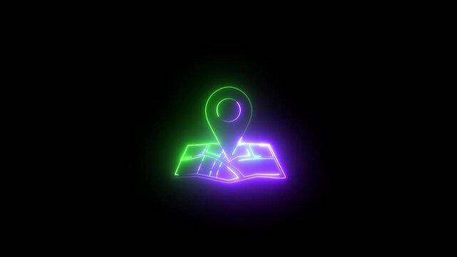 Location Pin Pointer on Transparent Background, Neon sign, glowing book icon, purple and green gradient, dark background, futuristic typography, digital art