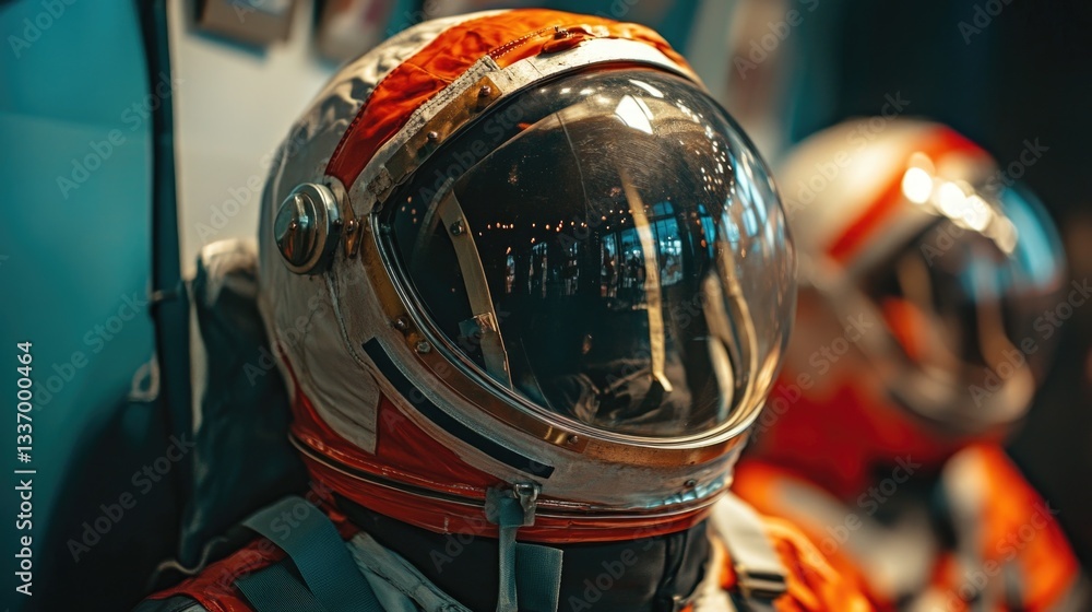 Poster close-up view of an astronaut's helmet on display, great for space-themed illustrations and designs