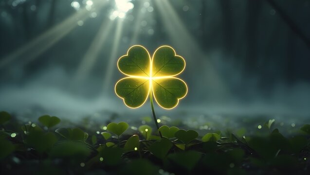 Magical Glowing Four-Leaf Clover in a Mystical Forest with Sunlight Beams &ndash; Fantasy Nature AI Art, Symbol of Luck, Hope, and Prosperity