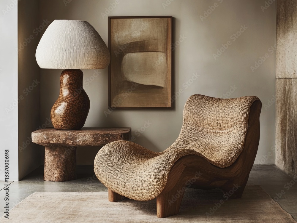 Poster a chair and a table in a room with minimal decor