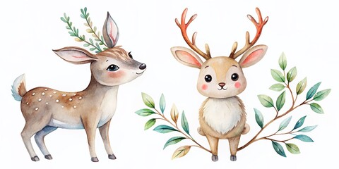 Cute Watercolor Deer & Rabbit Christmas Clipart - Funny Xmas Card Design