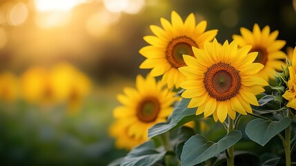 Obraz premium beautiful yellow sunflower field, sunflower plantation with sunlight 