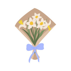 Bouquet of narcissus flowers wrapping in paper and bow on isolated background. Vector flat spring floral daffodil illustration