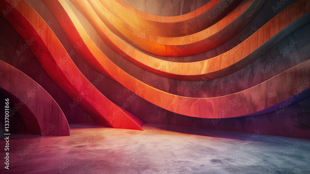 Wall mural dynamic abstract background with colorful curved wooden shapes and textures