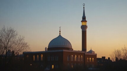 Fototapeta premium A mosque with a tall minaret against a sunset sky