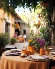 Vibrant mexican courtyard with colorful table setting for outdoor gathering