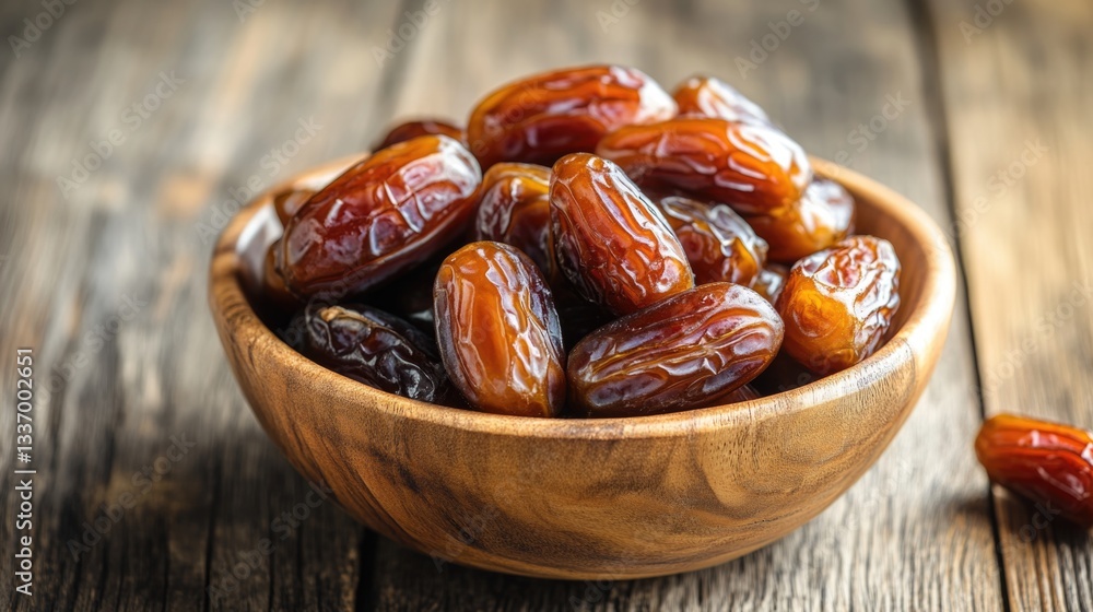 Poster a simple still life image showing a wooden bowl filled with dates placed on a wooden table