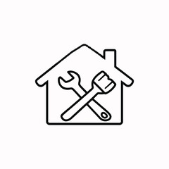 Home renovation icon Different style icons set Home Repair Icon Vector: Black-and-White House Outline with Crossed Wrench and Paintbrush