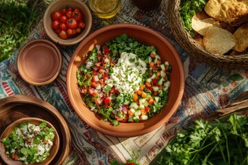 Festive picnic scene with fresh salad and vegetables in open park setting