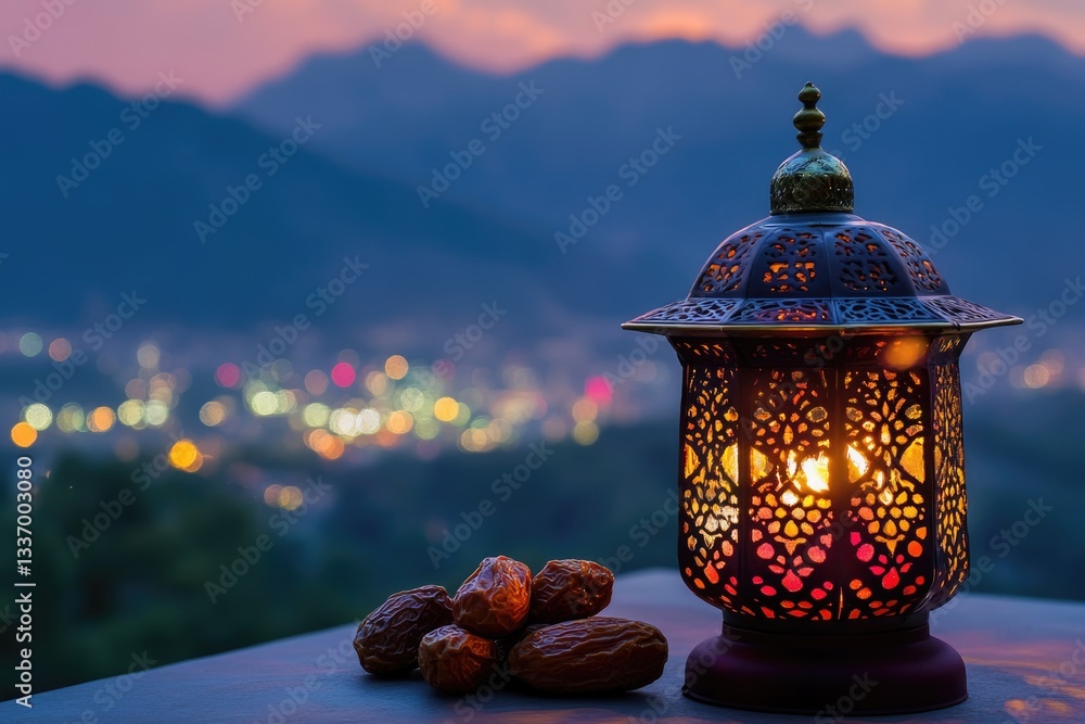 Poster A cityscape at night with a lit lantern and dates on the table, ideal for use in illustrations or advertisements