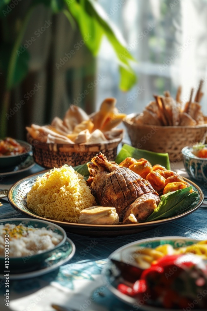 Poster plate of food on table next to window with natural light