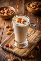 Almond milkshake garnished with whole almonds in a glass mug on a wooden cutting board