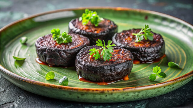 Grilled black pudding slices garnished with herbs on a green plate