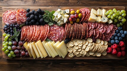 Gourmet charcuterie board with assorted meats, cheeses, fruits, and crackers.