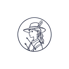 hunter girl icon Profile Line Drawing: Hat-Wearing Figure with Feathered Hat and Crossed Arrows in Circular Design