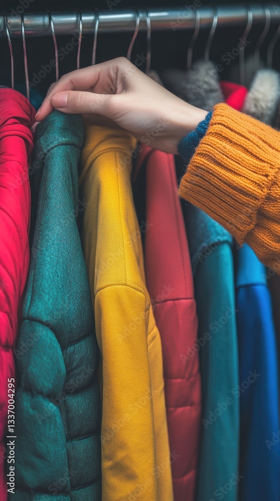 Poster a person standing and holding a rack of colorful clothes, possibly preparing for an event or organiz