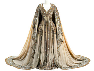 Ornate gown with cape sleeves and intricate beadwork displayed on a mannequin against Transparent Background
