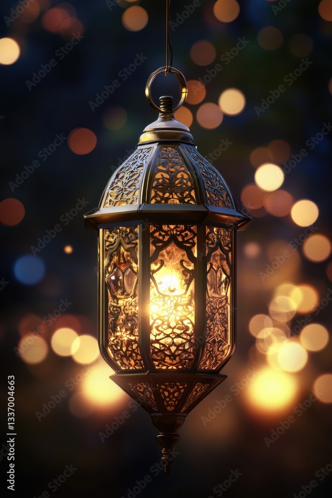Poster a lantern hanging from a string with warm lights behind, suitable for evening or night scenes