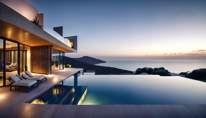 Fototapeta premium 2층 고급 주택앞에 인피니티 풀이 위치한 모습