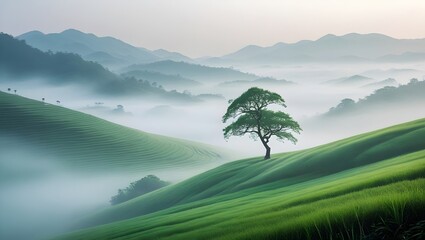 Landscape with green hills and mountains, shrouded in light morning fog. In the center of the frame there is a lonely tree. Suitable for blogs about travel, Asian landscapes, agriculture.