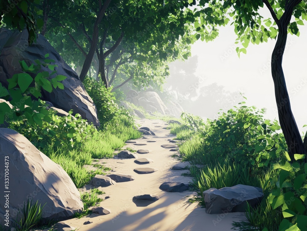 Poster a winding path through a dense forest with rocks and grass, suitable for outdoor or nature-themed pr