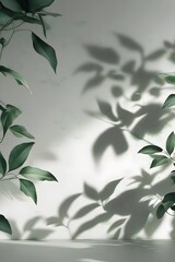 Green leaves with shadows on a white background. Suitable for backgrounds, textures, interior design blogs and projects related to nature and minimalism.