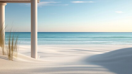 Tranquil beach vista with colonnade