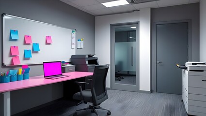 An office workspace with a pink desk, a black office chair, and an open laptop with a pink screen. There are office supplies on the desk. There is a white board with colored sticky notes on the wall.
