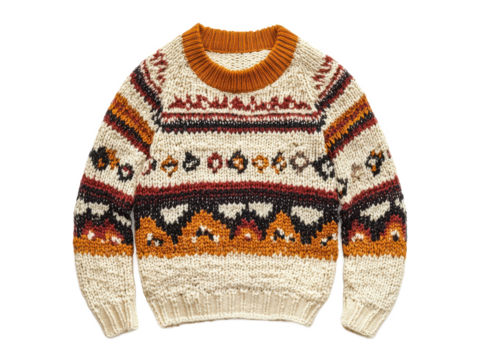 A knitted sweater with geometric patterns in cream, brown, and red on a Transparent Background
