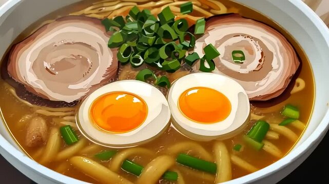 A delicious illustrated bowl of Japanese ramen featuring pork, eggs, and green onions.