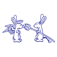 Rabbit Angel Conscience Devil Demon Evil Satan Fun Design Lover Art Vector Illustration Card T-Shirt Poster Sticker Graphic Print Decorative Drawing Isolated Logo Decoration Symbol Creative Cool Style