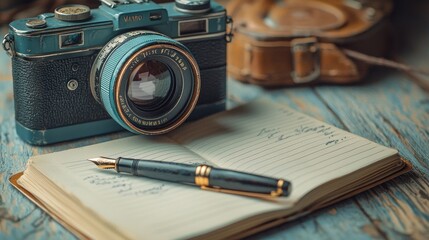 Vintage camera, notebook, and fountain pen on a rustic wooden table.