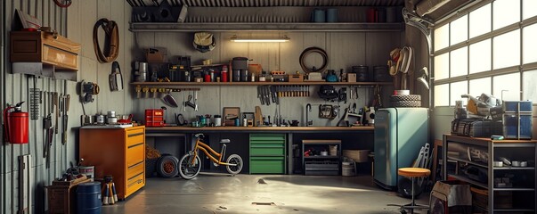 A well-organized and cluttered garage workshop full of tools and equipment