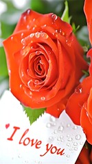 A close-up of a bright red rose with delicate dew drops, accompanied by a card with the message "I love you". Suitable for cards, romantic gifts and relationship blogs..