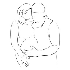 One continuous line art drawing flat illustrationpregnant, woman, family, man, mother, bonding, father, indoor, people, belly. Isolated image hand draw outline on white background
