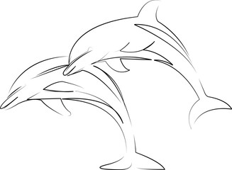 One continuous line art drawing flat illustration dolphin, ocean, water, sea, aquatic, underwater, animal, blue, mammal, wildlife. Isolated image hand draw outline on white background