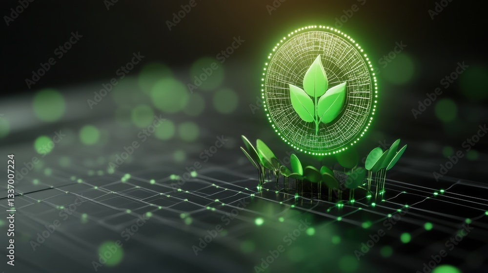 Poster digital green token representing carbon credits in futuristic design