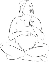 One continuous line art drawing flat illustration pregnant, woman, lifestyle, adult, horizontal, indoors, one person, relaxation, color image. Isolated image hand draw outline on white background