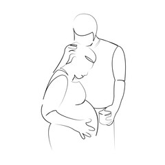 One continuous line art drawing flat illustration person, pregnant, indoor, mother, woman, father, belly, love, couple, family. Isolated image hand draw outline on white background
